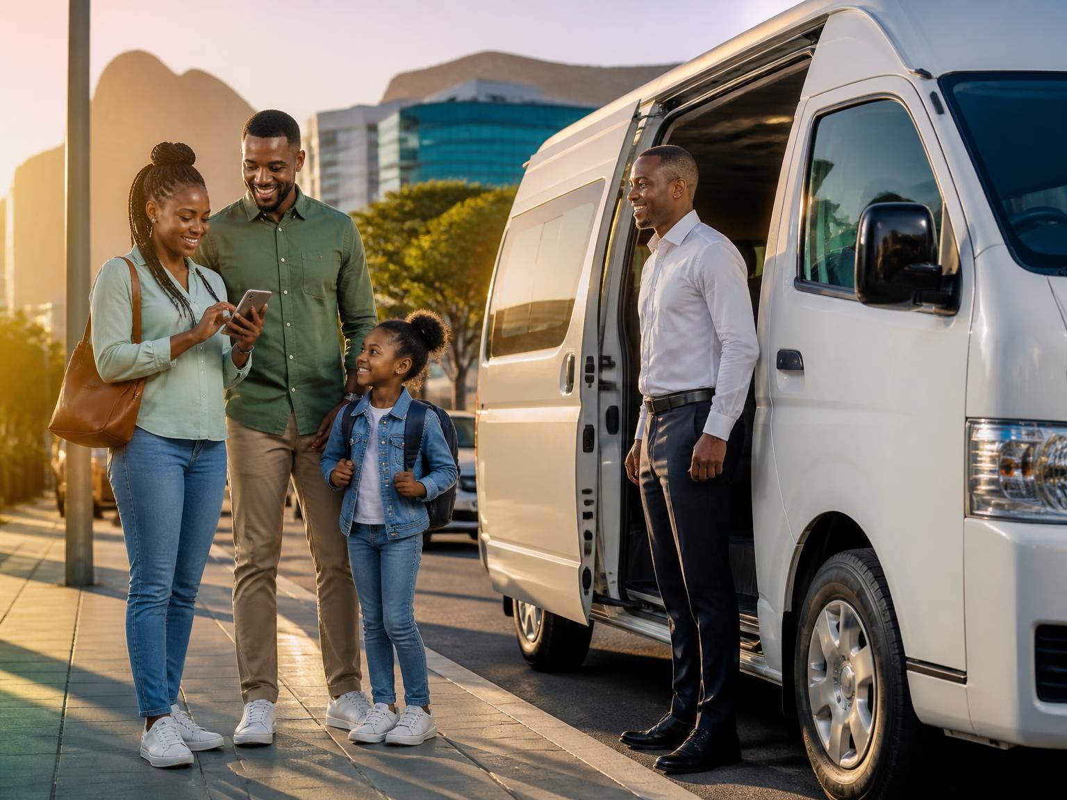 A smiling South African family booking a ride on a smartphone next to a white minibus taxi and its friendly driver at sunrise